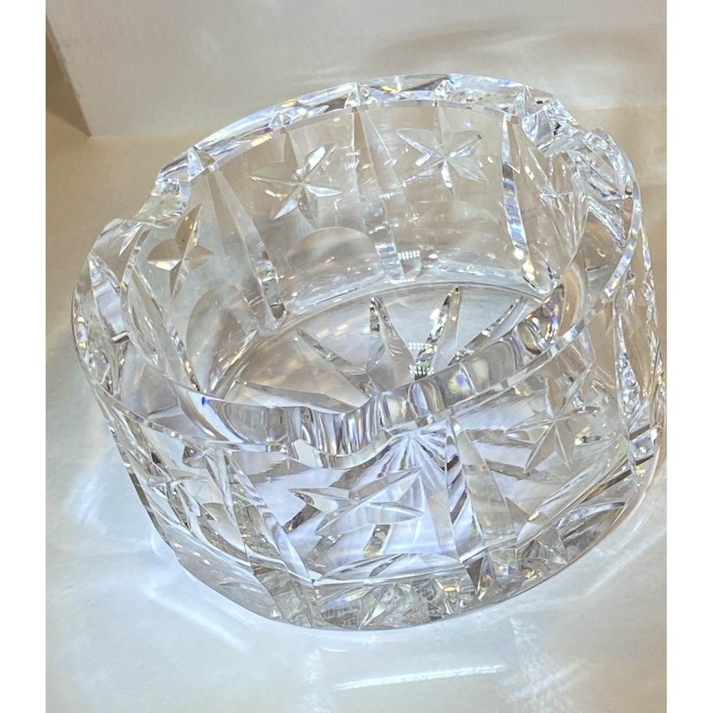 WATERFORD Lead Crystal ASHTRAY 3.5" Round Vertical & Cross‎ Cut, Star on Base EC